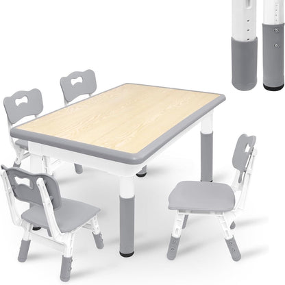 Tafelset Met 4 Stoelen – Stoel En Tafel Set – Kindermeubilair – Schoolmeubilair – Studie Set – Verstelbare Hoogte – Duurzaam Kunststof – Lichtgewicht – Gemakkelijk Schoon Te Maken – Grijs