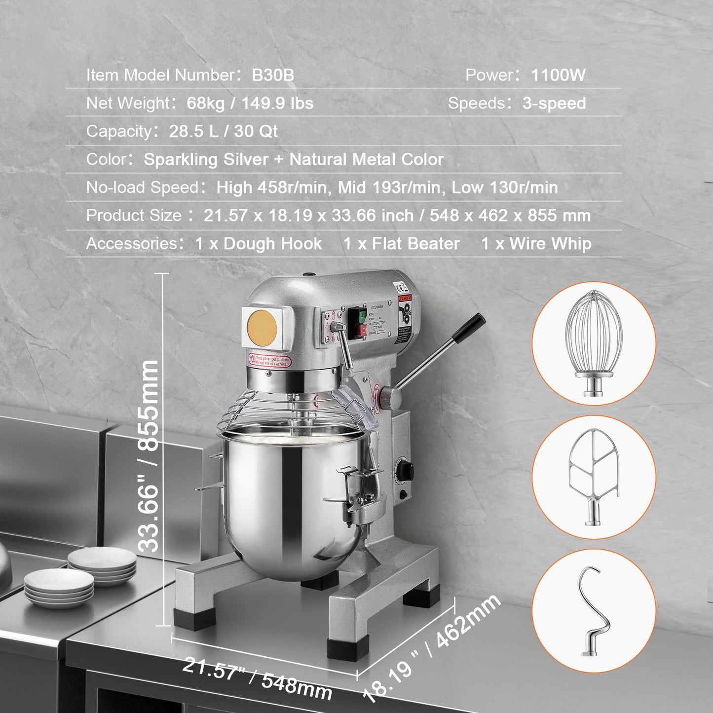 Keukenmixer – Keukenmachine – Keukenrobot – Foodprocessor – 28,5L Mengkom – 1100W Motor – 3 Snelheden