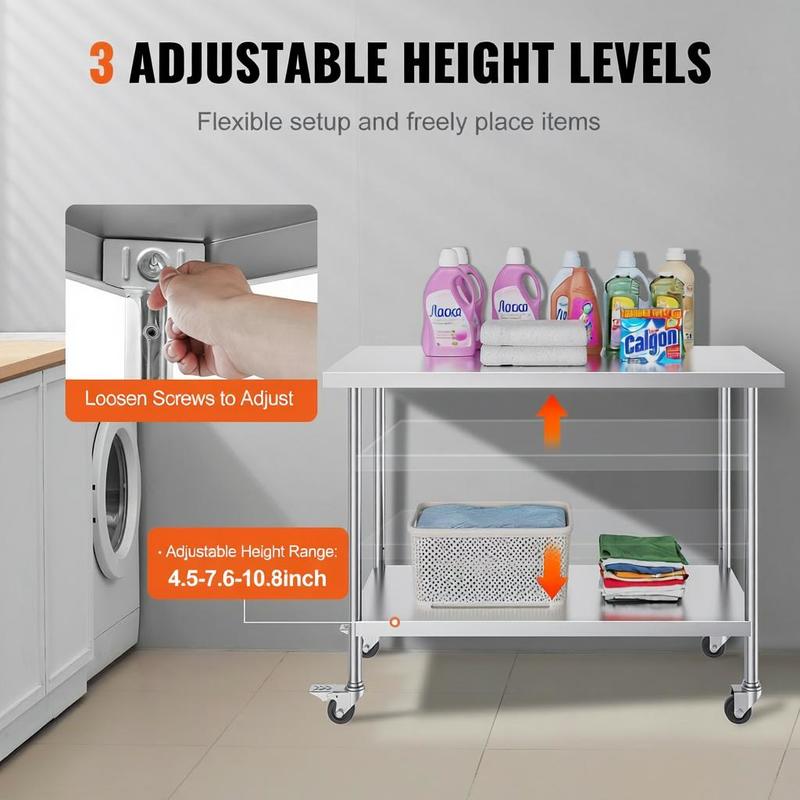 In hoogte verstelbare werkbank – Werktafel – Keukentafel – Werkbank op wielen – RVS werkblad – 3 Hoogteniveaus – Duurzaam roestvrij staal – 1219 x 610 x 955 mm