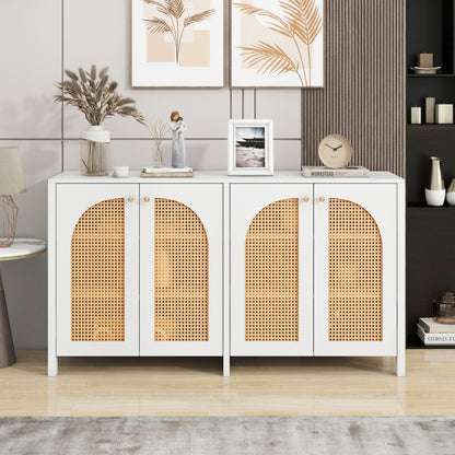 Modern Minimalist Sideboard Cabinet - White & Metallic Accents, Non-Wood Freestanding Storage with 4 Rattan Doors, Spacious 3.2+ Cu Ft Capacity for Living Room, Dining Room, Kitchen - Easy Assembly Required, Home Organization