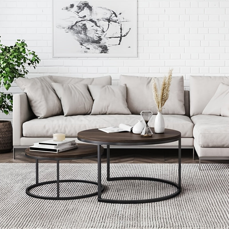 Salontafelset – Koffietafel – Bijzettafel – Nesting Tafels – Ronde Tafel – Retro Stijl – Metaal & Houtlook – Set van 2 - 70 & 50 cm