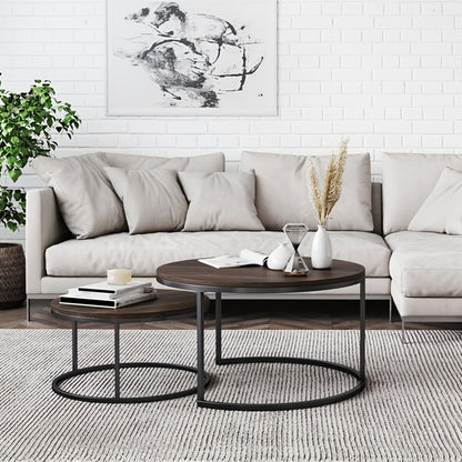 Salontafelset – Koffietafel – Bijzettafel – Nesting Tafels – Ronde Tafel – Retro Stijl – Metaal & Houtlook – Set van 2 - 70 & 50 cm