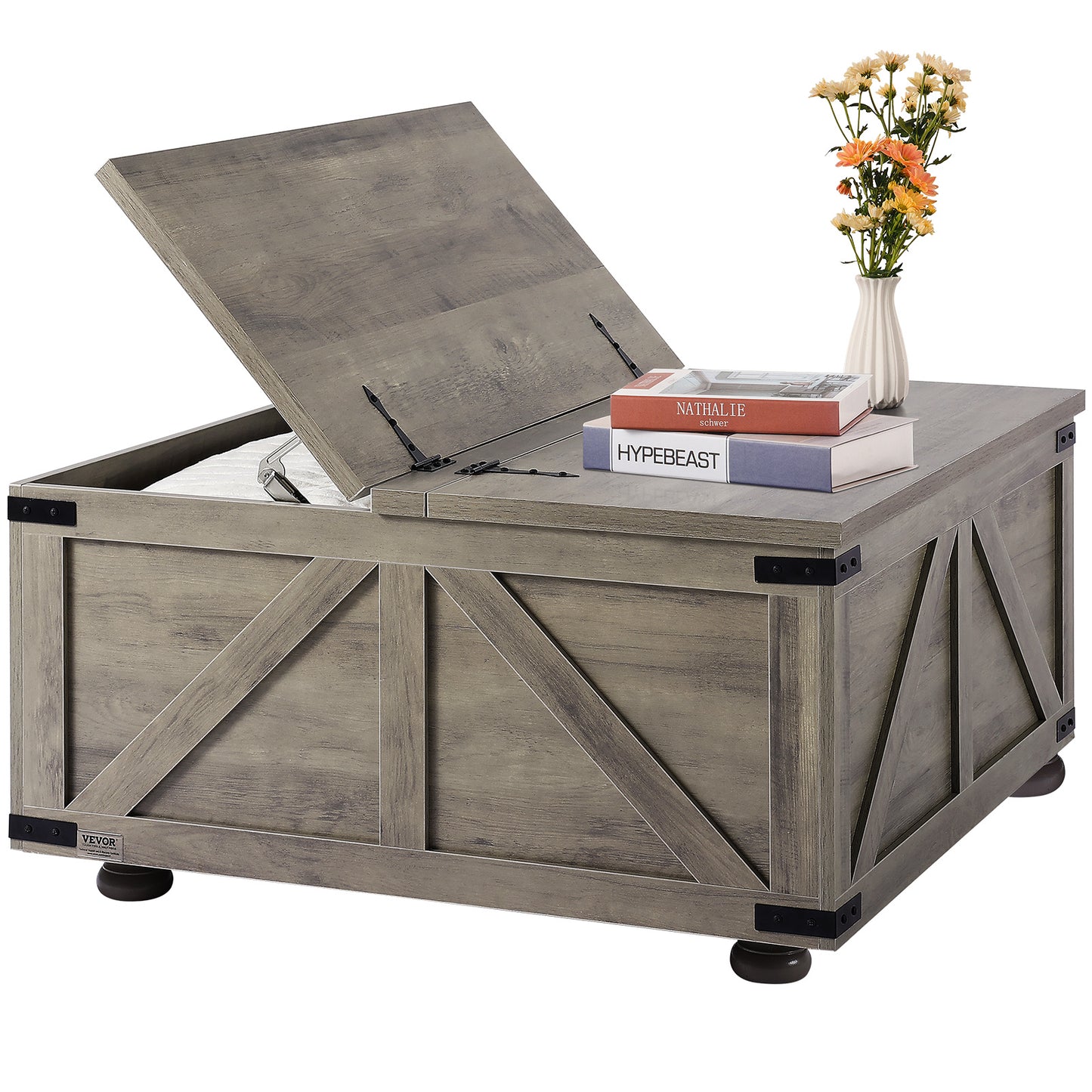 Salontafel – Koffietafel – Woonkamertafel – Bijzettafel – Landelijke Tafel – Flip-Top Design – Grote Verborgen Opbergruimte – Massief Hout – Beige