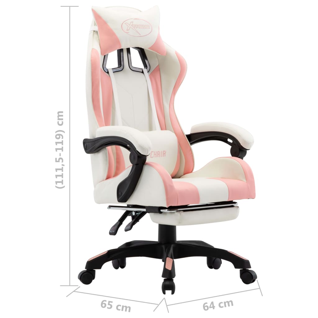 Gamestoel – Gaming Stoel – Game Stoel – Gaming Chair – Racestoel – Verstelbare Rugleuning – Opklapbare Voetensteun Roze/Wit – Kunstleer & Metaal