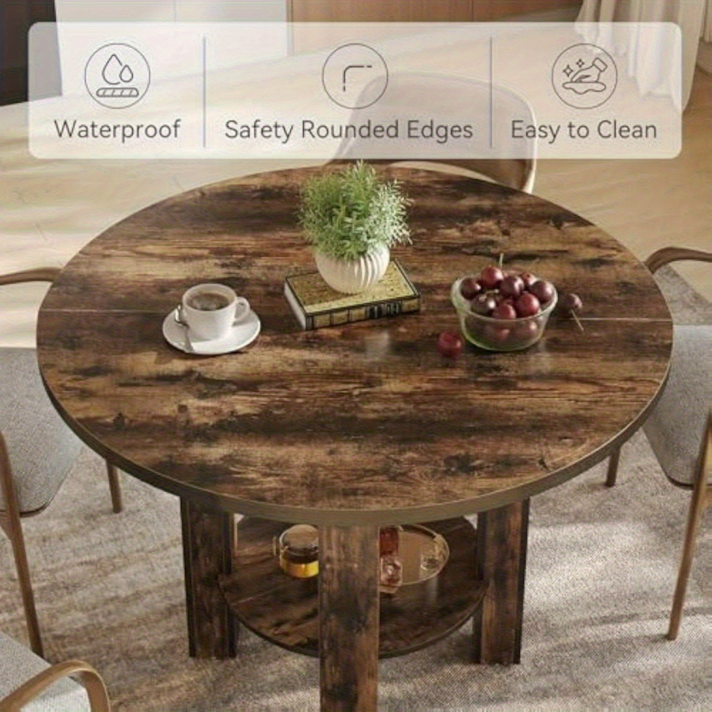 Eettafel – Ronde Tafel – Keukentafel – Eetkamertafel – Tafel – Compact Ontwerp – Opbergruimte Onderblad – Krasbestendig – Stevige Houtlook – 100 cm – Bruin Rustiek