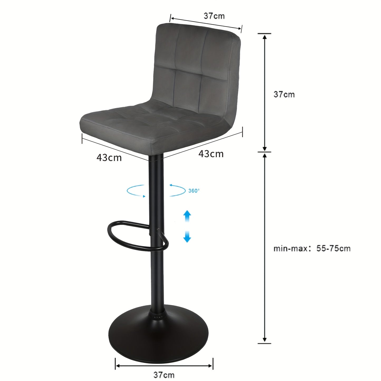 Barkrukken – Barstoelen – Keukenstoelen – Krukken – Barkruk Set – Verstelbare Hoogte – 360° Draaibaar – Fluweel Bekleed – Met Rugleuning – Donkergrijs – Set Van 2