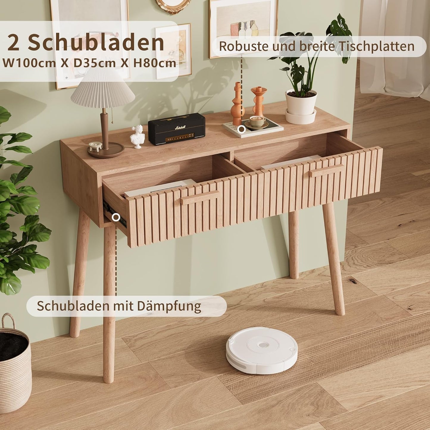 Houten Kaptafel – Make-uptafel – Schoonheidstafel – Sidetable – Bureau – Duurzaam Natuurlijk Hout – Twee Ruime Laden