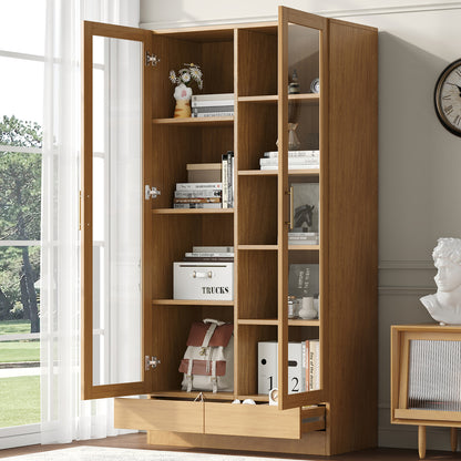 Vitrinekast Modern – Glazen Kast – Boekenkast – Opbergkast – Displaykast – Natuurlijk Houten Frame – Vrijstaand Met Push-to-Open Lades – 80x40x160 cm