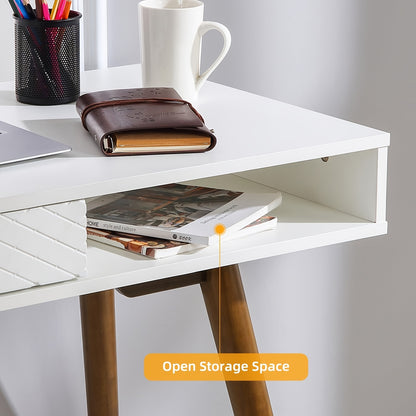 Bureau – Computertafel – Werkplek – Schrijftafel – Bureaumeubel – Modern Minimalistisch – Wit Metaal – Lade & Open Opbergruimte – 106,7 x 68,6 cm – Compact Ruimtebesparend Ontwerp - Wit