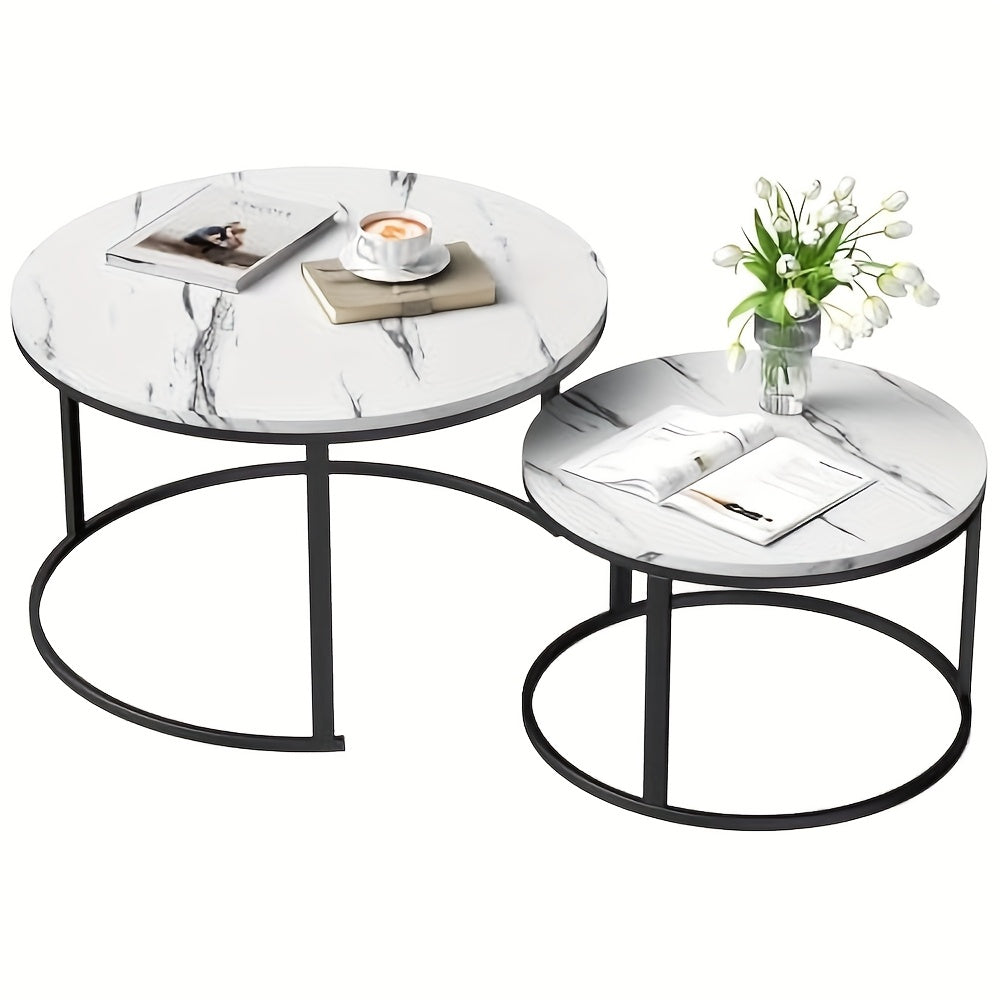 Salontafel – Salontafels – Bijzettafel – Koffietafel – Woonkamertafel – Set van 2 – Rond – Houtfineer Marmerlook – Zwart Metalen Frame