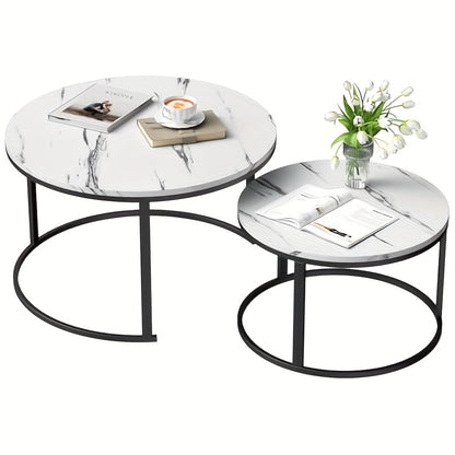 Salontafel – Salontafels – Bijzettafel – Koffietafel – Woonkamertafel – Set van 2 – Rond – Houtfineer Marmerlook – Zwart Metalen Frame