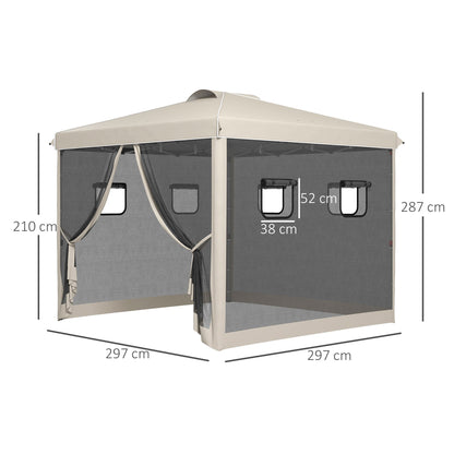 Inklapbaar Tuinpaviljoen – Vouwtent – Tuinkraam – Overkapping – Partytent – Hoogte Verstelbaar – Met Muskietennet – 3x3 Meter Beige