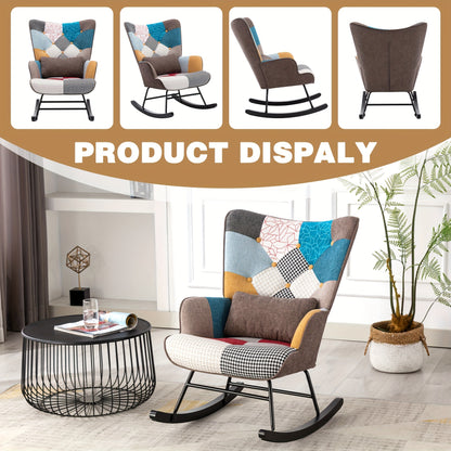 Schommelstoel – Schommelstoel Lounge – Fauteuil – Relaxstoel – Woonkamerstoel – Patchwork Stof – Met Metalen Frame En Houten Basis