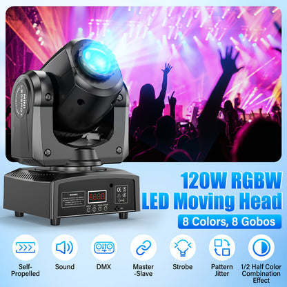 2 PACK Of120W LED Moving Head Light RGBW 8 Gobo Beam Multi Pattern DMX Suitable for Djs, Discos, Nightclubs, Ktvs, Bars, Theatres, Arcades, Parties