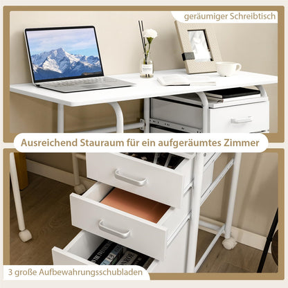 Bureau – Computertafel – Bureautafel – Schrijftafel – Werkplek – Inklapbaar – 3 Laden – Met Wieltjes – Compact – Wit – MDF Tafelblad – Metalen Frame – 105x50x75 cm