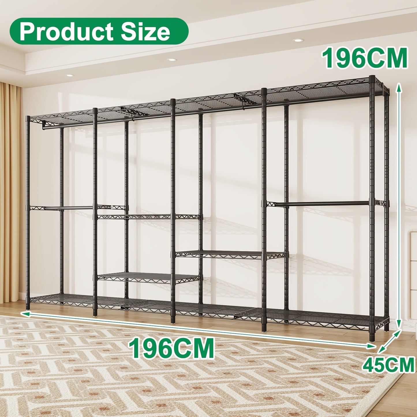 Kledingrek – Kledingrek Met Planken – Garderoberek – Kledingkast Organizer – Stalen Kledingstandaard – Groot Formaat 195,5x195,5x43 cm – Draagvermogen Tot 498 kg