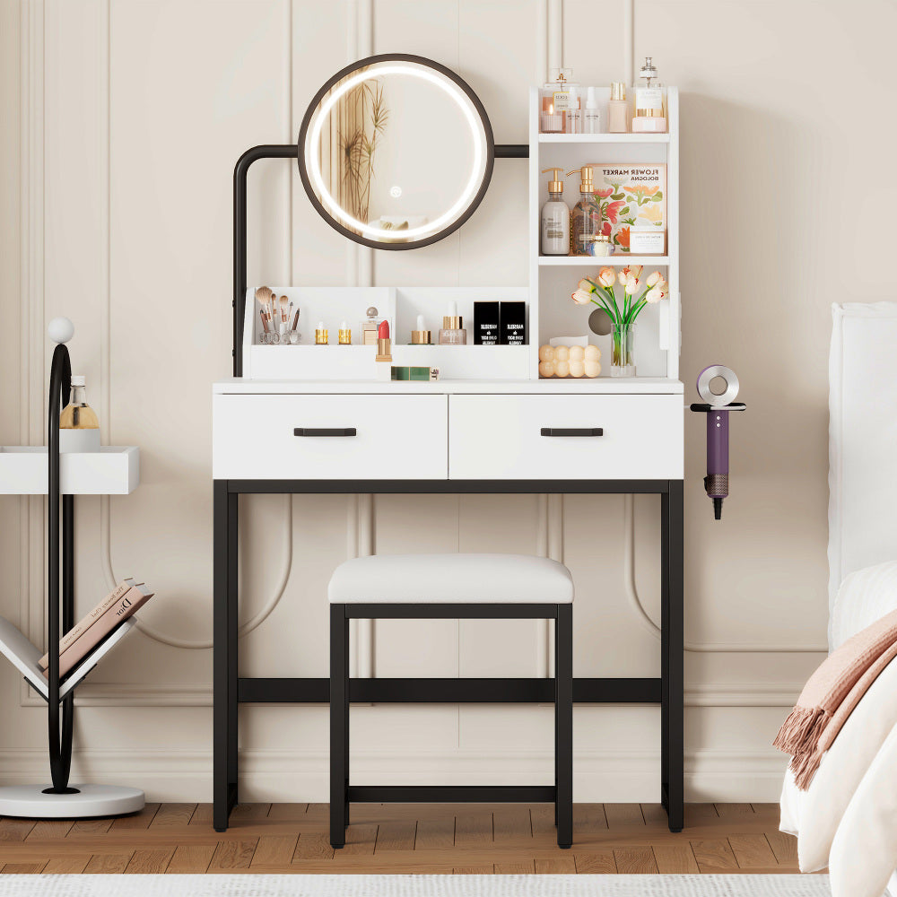 Make-up Tafel – Kaptafel – Schminktisch – Make-up Bureau – Vanity Set – Compact Formaat – Verstelbare Kruk Met Draaifunctie – Zwart Metalen Poten – 2 Lades & 2 Open Vakken – Kantelbare Spiegel – 80x138,5x40 cm