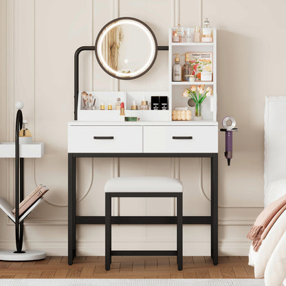 Make-up Tafel – Kaptafel – Schminktisch – Make-up Bureau – Vanity Set – Compact Formaat – Verstelbare Kruk Met Draaifunctie – Zwart Metalen Poten – 2 Lades & 2 Open Vakken – Kantelbare Spiegel – 80x138,5x40 cm