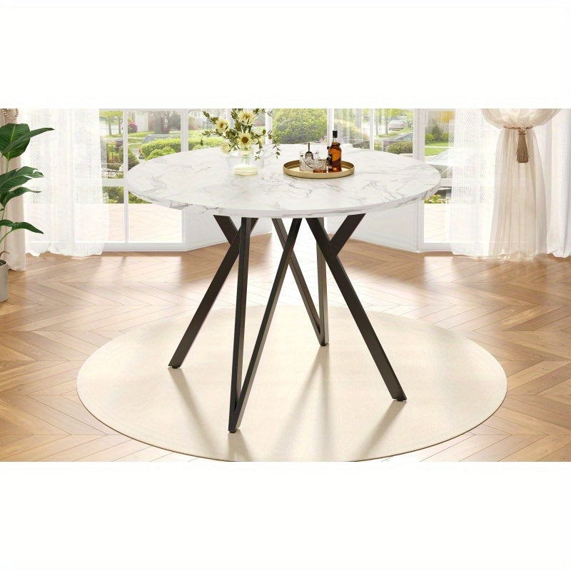 Ronde Eettafel – Rond Tafeltje – Keukentafel – Eetkamertafel – Tafel Rond – Marmerlook MDF Blad – Zwart Metalen A-Poot – 100 cm Compact Design – Stevig & Onderhoudsvriendelijk