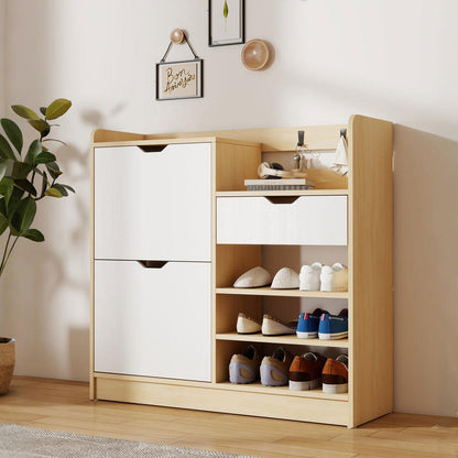 Schoenenkast – Schoenenrek – Schoenopberger – Schoenmeubel – Schoenentoren – Kiepbare Laden – 14 Paar Schoenen – Natuurlijke Houten Look – 4 Haken – Open Planken