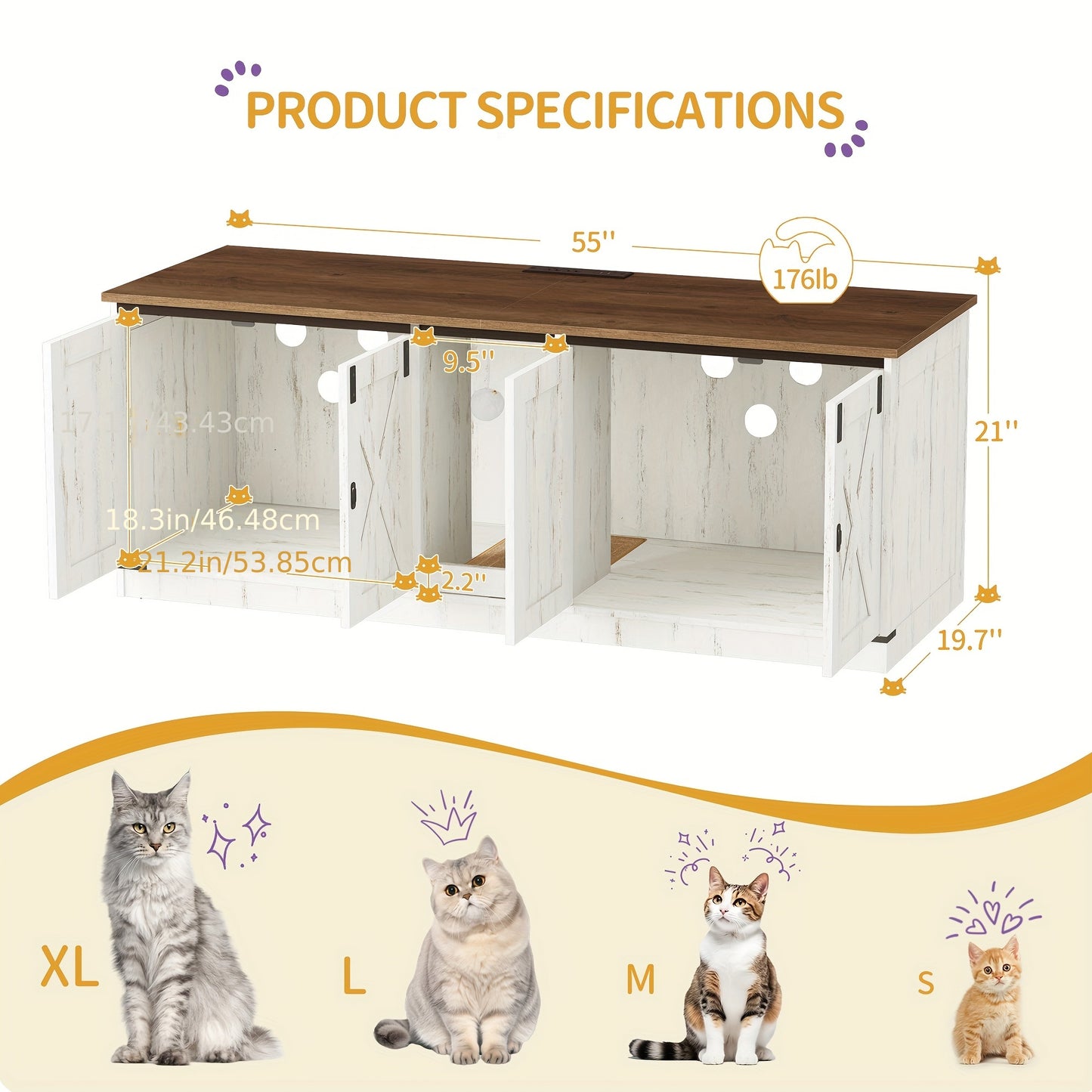 Cat Cabinet With USB Ports And Sockets, Cat Litter Box Cabinet, 140 Cm Hidden Cat Litter Box For 2 Cats, Indoor Cat House With Cat Bell, Brown-White
