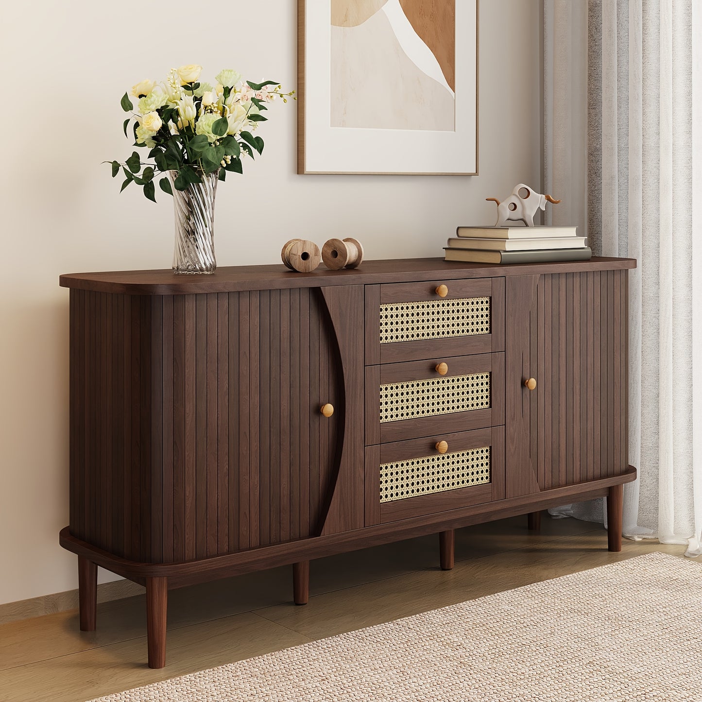 Dressoir – Sideboard – Opbergkast – Ladekast – Kast – Hardhout en Rotan – Schuifdeuren en Lades