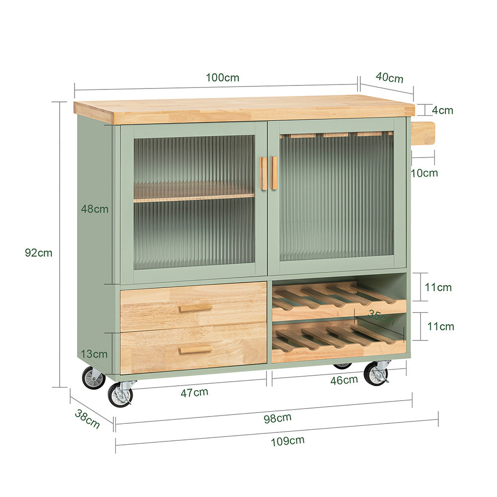 Mobile Kitchen Cart with Wooden Worktop - Central Island Kitchen Furniture for Dining Room, Green and Natural Storage Kitchen Cabinet, 109 × 40 × 92 cm, FKW114-GR, SoBuy
