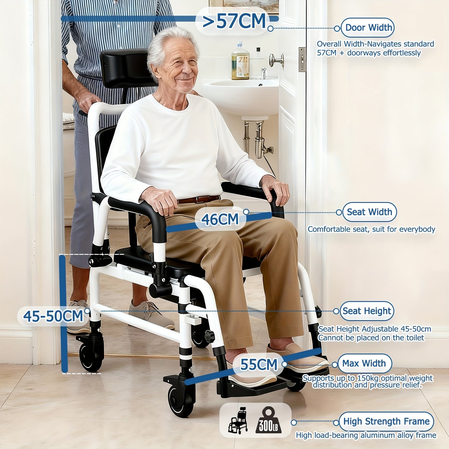 Douchestoel – Douchestoel Met Wielen – Douchekruk – Mobiele Douchestoel – Recliner Douchestoel – Aluminium Frame – Verstelbare Rugleuning & Hoofdsteun – Zwart