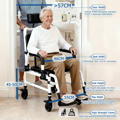 Douchestoel – Douchestoel Met Wielen – Douchekruk – Mobiele Douchestoel – Recliner Douchestoel – Aluminium Frame – Verstelbare Rugleuning & Hoofdsteun – Zwart