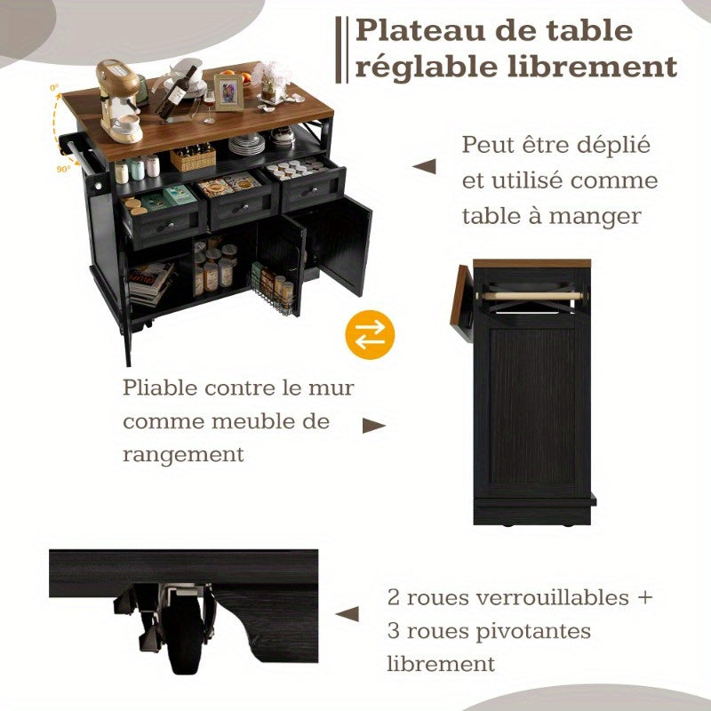 Modern Kitchen Island Cart 118x43x80x98cm - Metal Frame with Wood Grain Black Finish, 4 Locking Wheels, Removable Partitions & Towel Holder, Multifunctional Storage Cabinet for Dining & Living Spaces, Kitchen Furniture, Versa