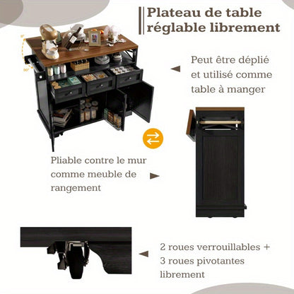 Modern Kitchen Island Cart 118x43x80x98cm - Metal Frame with Wood Grain Black Finish, 4 Locking Wheels, Removable Partitions & Towel Holder, Multifunctional Storage Cabinet for Dining & Living Spaces, Kitchen Furniture, Versa