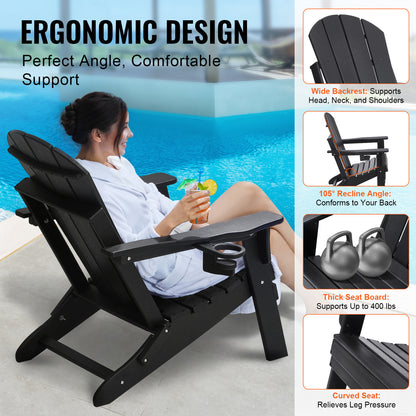 Inklapbare Adirondack Tuinstoelen – Tuinstoel, Schommelstoel, Buitenstoel, Campingstoel – Zwart – Weerbestendig HDPE Kunststof – Comfortabel Brede Zitting 105° Rugleuning