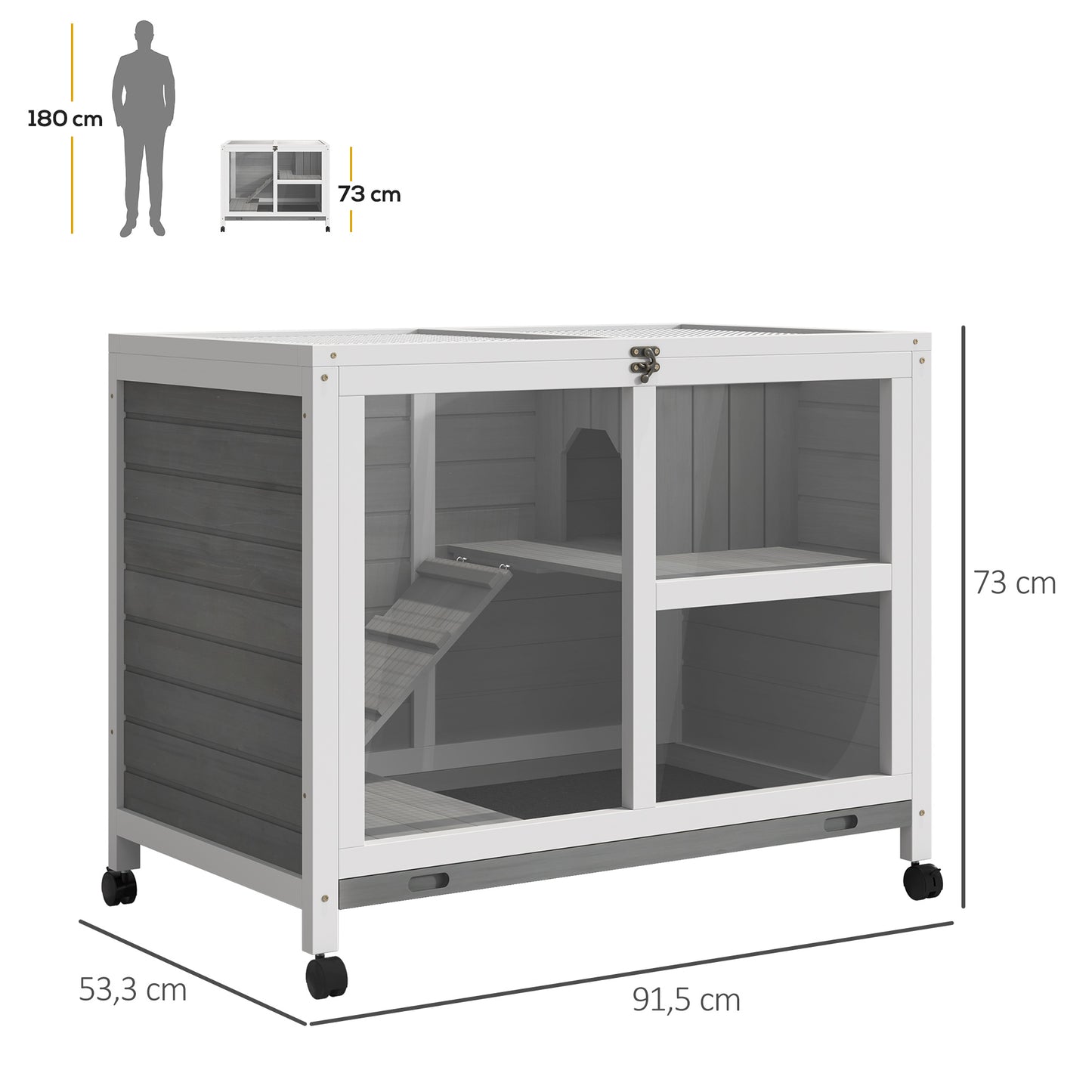 Konijnenhok – Konijnenkooi – Houten Konijnenverblijf – Dierenverblijf – Buitenhok – 2 Verdiepingen – Massief Hout – Openklapbaar Dak – Wieltjes – 91,5 x 53,3 x 73 cm – Grijs