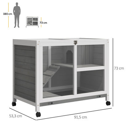 Konijnenhok – Konijnenkooi – Houten Konijnenverblijf – Dierenverblijf – Buitenhok – 2 Verdiepingen – Massief Hout – Openklapbaar Dak – Wieltjes – 91,5 x 53,3 x 73 cm – Grijs