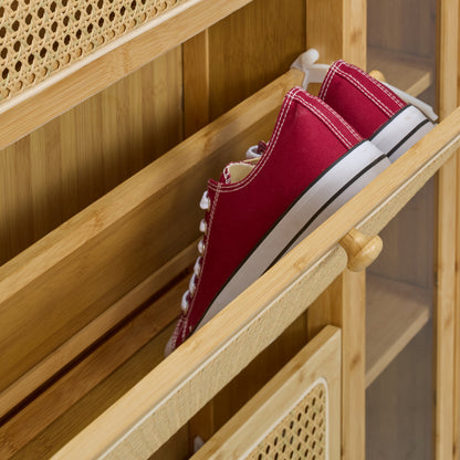 Rattan Schoenenrek – Schoenenkast – Schoenenopberger – Schoenenplank – Schoenenstandaard – 5 Compartimenten – Bamboe Met Rattan Look