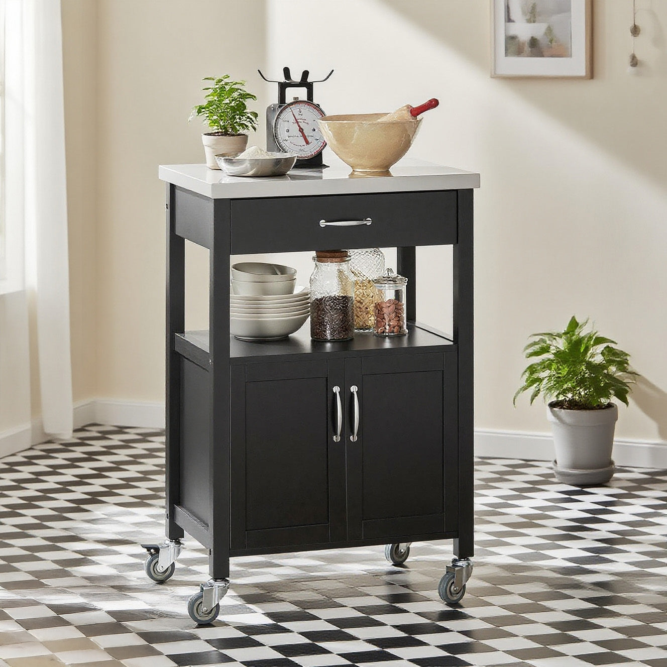 Keukentrolley – Keukenkast – Serveerwagen – Keukenwagen – Opbergkast – Compact – Rubberwood Werkblad 60x92x45 cm – Mobiel Met Wieltjes