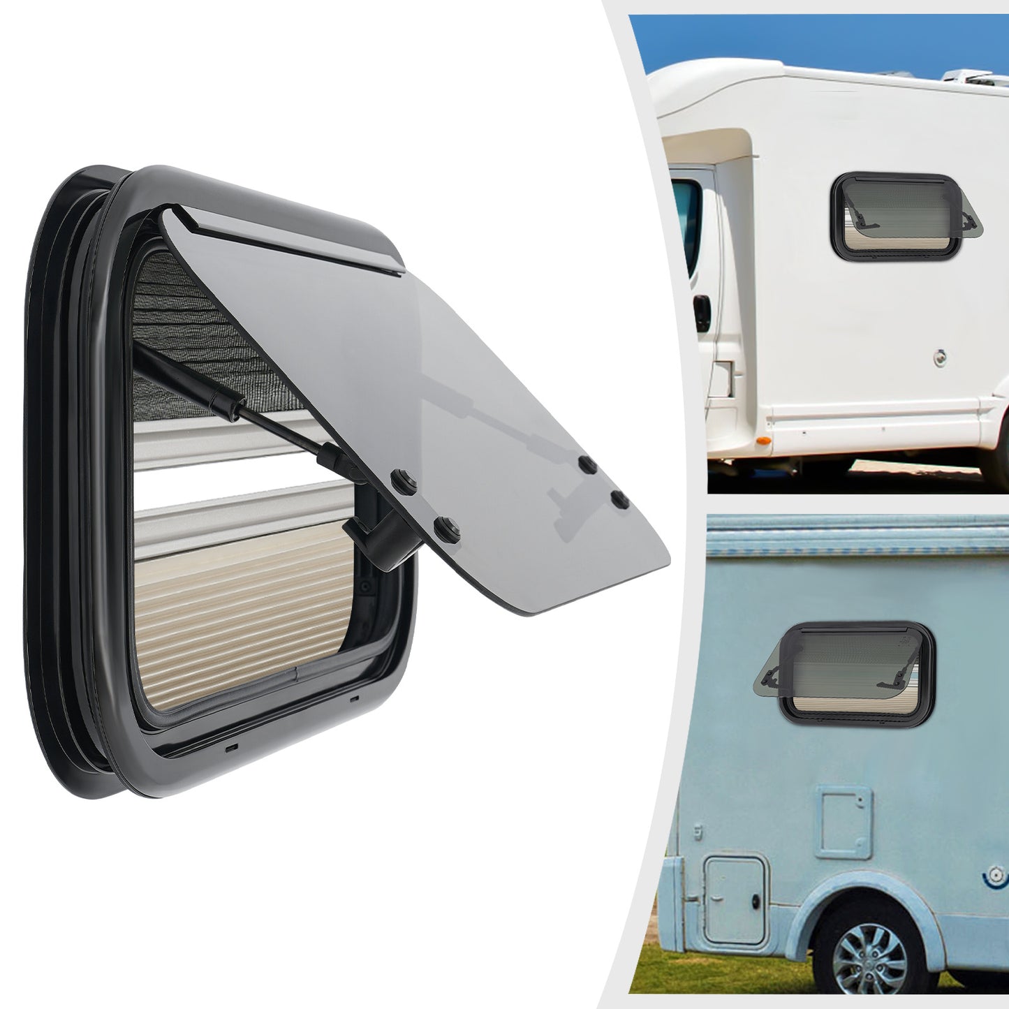 Caravanraam – Camperraam – Schuifraam – Uitzetraam – Zijraam – Aluminium Frame – Zwart Gehard Glas – 500x300mm – Inclusief Hor en Zonwering