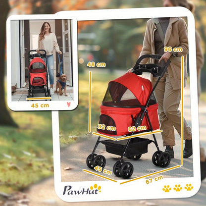 Dierenwagen – Huisdierwagen – Hondenwagen – Kattenwagen – Opvouwbare Buggy – Lichtgewicht Oxford – Ventilerend Mesh – Compact 67x45x96 cm – 4 Wielen Met Rem – Ergonomisch Handvat – Rood