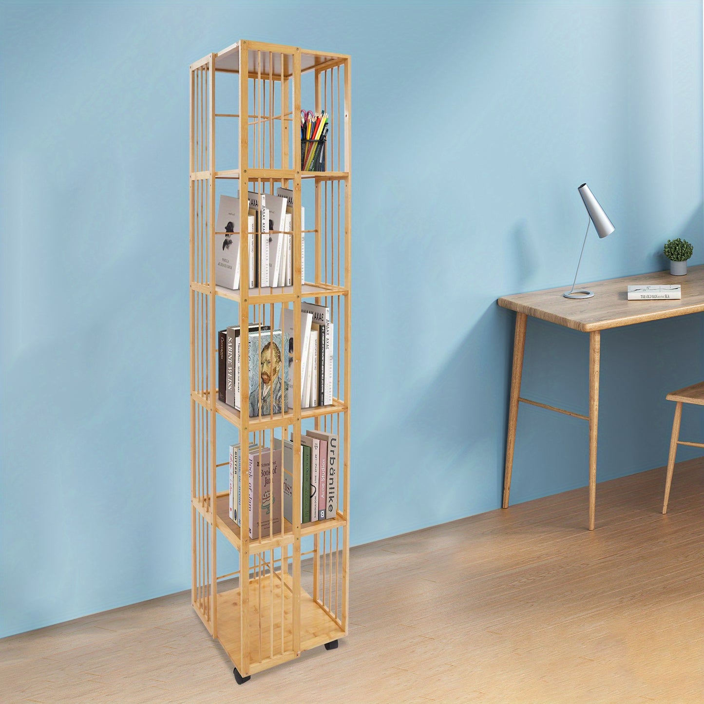 Draaibare Boekenplank – Boekenrek – Boekenkast – Verticale Opberger – Vrijstaande Plank – Bamboe Materiaal – 360° Draaibaar – 6-Lagen Ruimtebesparend Design – Natuurlijk Houtkleur