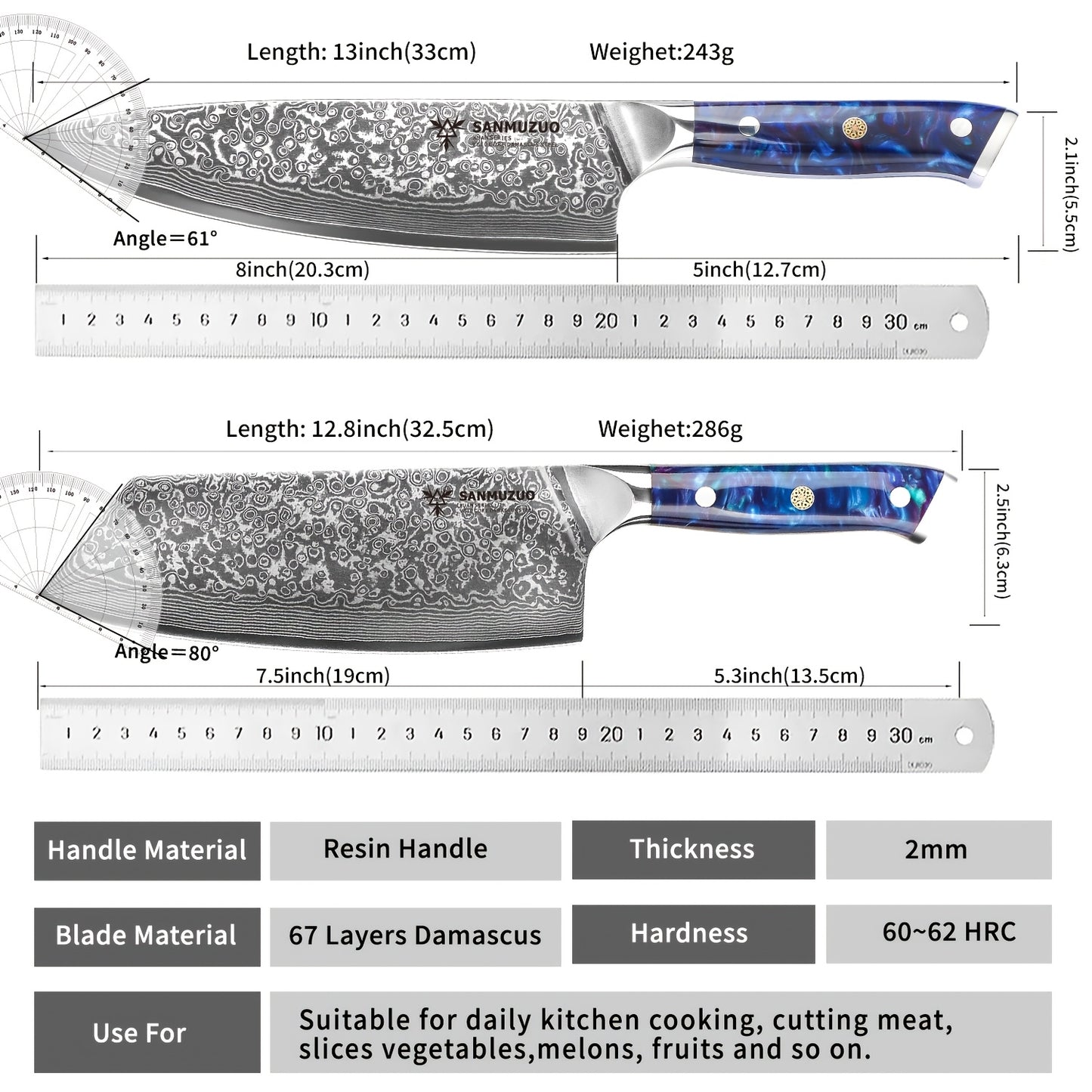 Keukenmes – Koksmes – Nakiri Mes – Groentemes – Set Van 2 – VG10 Damascus Staal – Resin Handvat