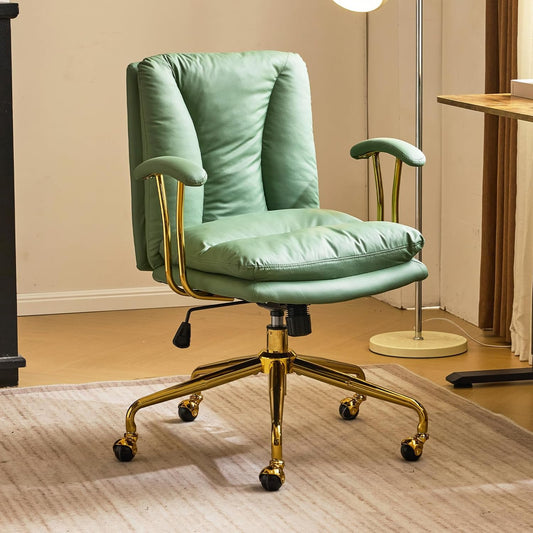 Ergonomische Bureaustoel – Bureaustoel – Werkstoel – Office Chair – Drestoel – Verstelbare Zithoogte – Metalen Gouden Onderstel – Kunstleer Bekleding – Handmatige Kantelfunctie – Comfortabele Gevoerde Rugleuning – Frisse Groene Kleur