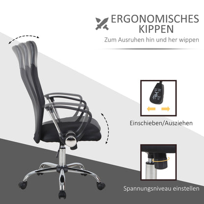 Ergonomische Bureaustoel – Gamingstoel – Draaistoel – Bureaustoel Met Kantelfunctie – Verstelbare Hoogte – Zwart – Mesh Rugleuning – Foam Zitting – 63x65x109-119 cm