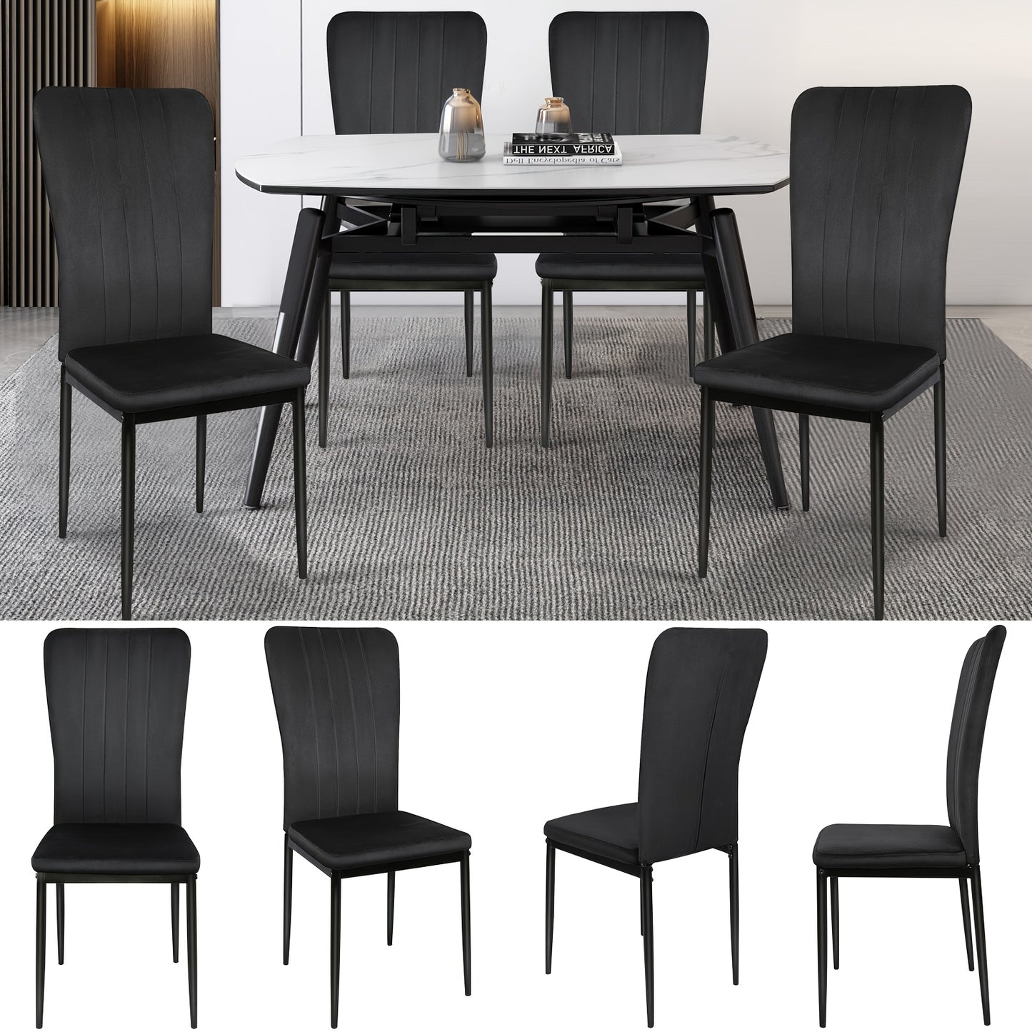 6-delige Zwarte Velvet Eetkamerstoel Set – Eetkamerstoel – Keukenstoel – Restaurantstoel – Stoel Met Rugleuning – Verticale Strepen – Zacht Fluwelen Bekleding – Lichtgewicht & Compact