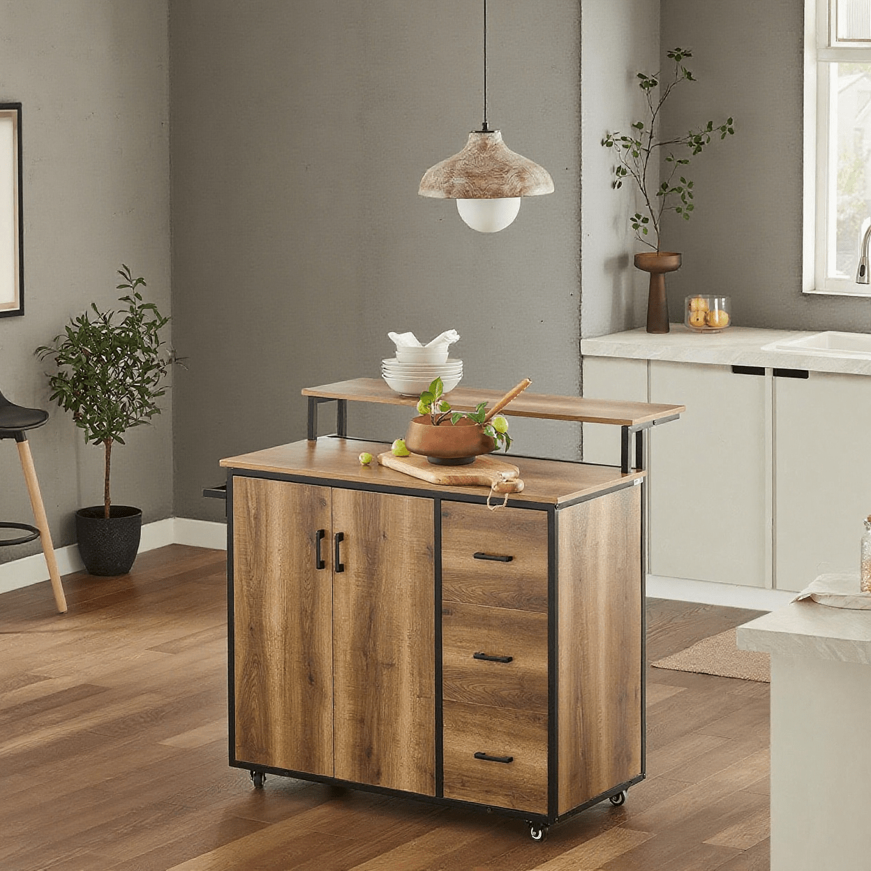 Keukenkast – Keukeneiland – Buffetkast – Opbergkast – Keukenmeubel – Hout – Met 3 Laden & 2 Deuren – Met Wielen & Handdoekhouder – 113x69x106 cm