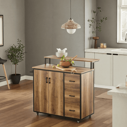 Keukenkast – Keukeneiland – Buffetkast – Opbergkast – Keukenmeubel – Hout – Met 3 Laden & 2 Deuren – Met Wielen & Handdoekhouder – 113x69x106 cm