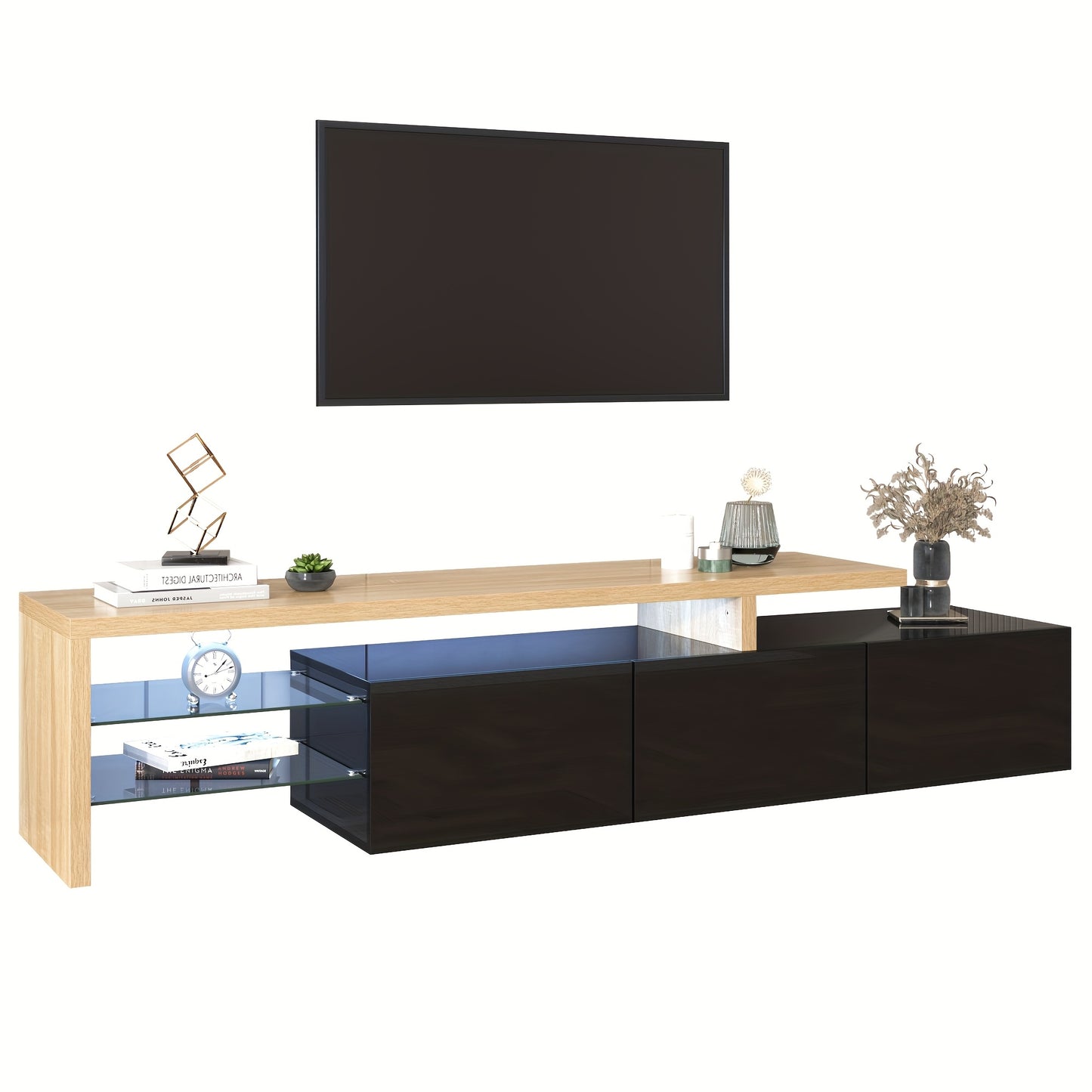 Modern TV Stand with Glass Shelves & Wood-Look Finish - High-Gloss Black Metal Frame, Practical Storage Space, Minimalist Design for Living Room Entertainment, Entertainment Unit, Decorative Accents, Sleek Construction