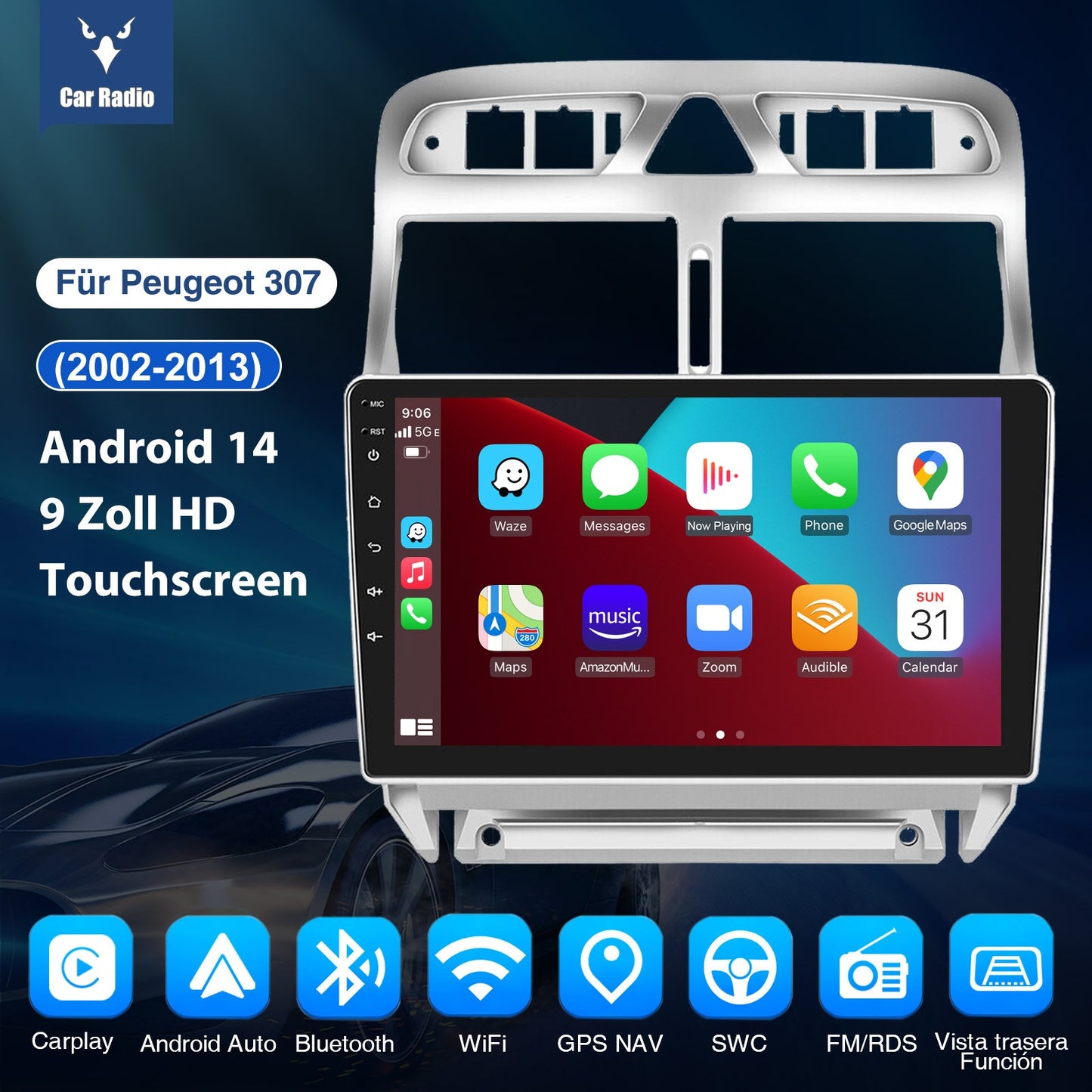 9 Inch Autoradio – Touchscreen Radio – Multimedia Speler – Android Auto – CarPlay – Android 14 Systeem – 4GB RAM 64GB Opslag – Inclusief GPS Navigatie & AHD Achteruitrijcamera