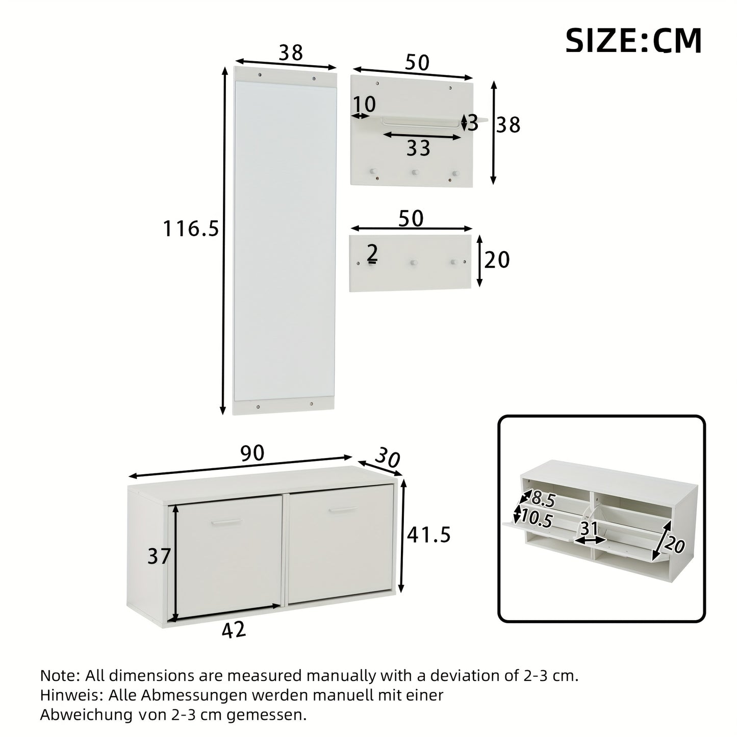4pcs White Modern Classic Entryway Hallway Wardrobe Set with Mirror, 2 Hat Racks, Shoe Cabinet & 6 Coat Hooks - Space-Saving Compact Storage Cabinet with Doors, Easy Assembly, Floor-Standing Design for Small Spaces, Apartment