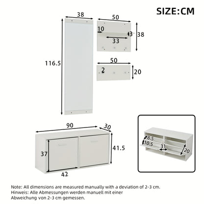 4pcs White Modern Classic Entryway Hallway Wardrobe Set with Mirror, 2 Hat Racks, Shoe Cabinet & 6 Coat Hooks - Space-Saving Compact Storage Cabinet with Doors, Easy Assembly, Floor-Standing Design for Small Spaces, Apartment