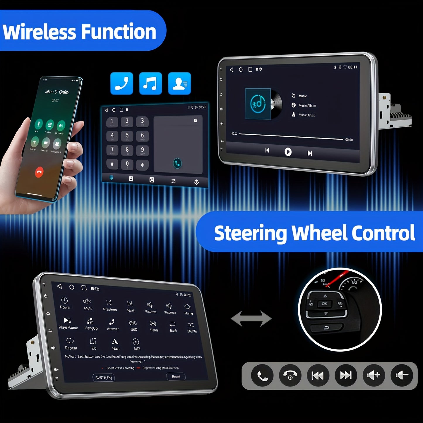 ESSGOO Single DIN Android Car Stereo, 25.65 cm Rotatable Touch Screen, Wireless Android Auto & Carplayer, WiFi/BT/FM/USB, Support Mirror Link & Steering Wheel Control, with Microphone AHD Camera, 1+32GB/2+32GB/2+64GB/4+64GB M
